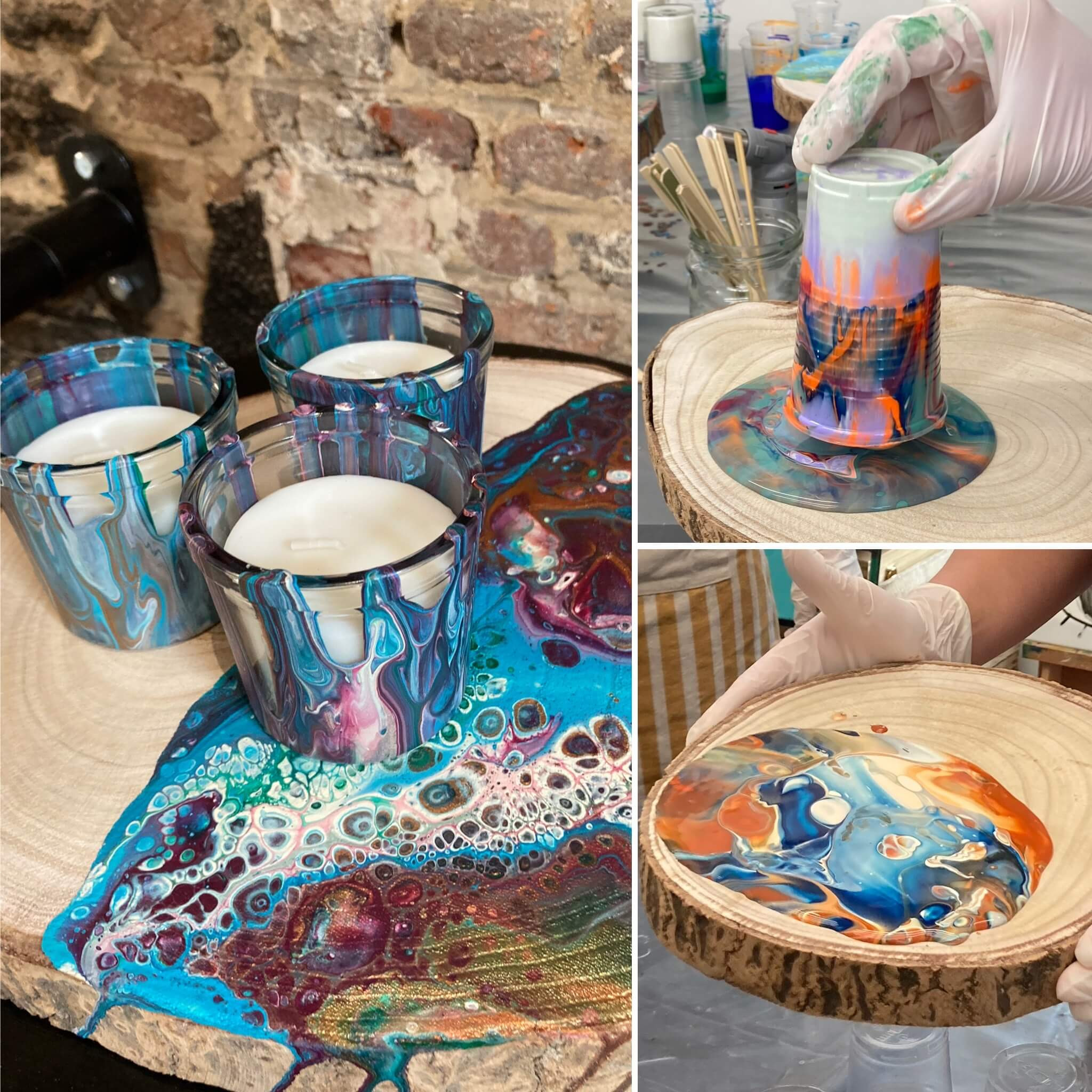 Houten schaal en kaarsen pimpen met gietverf (acryl pouring) - Foto