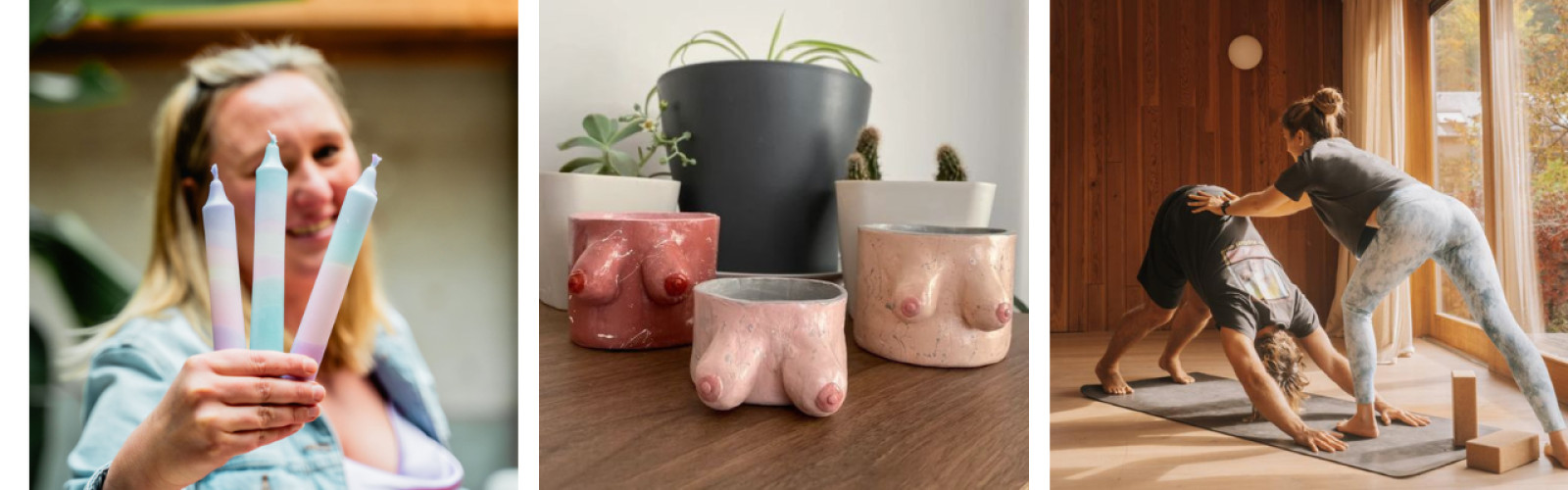 Kleurrijke kaarsen, boobie tassen en yoga &amp; sip