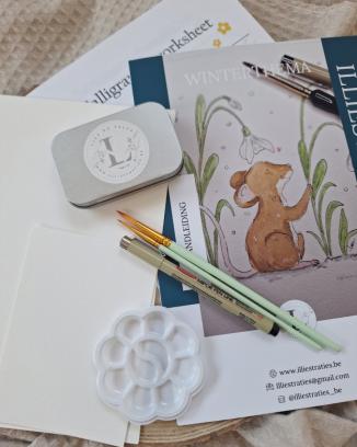 Creëer je eigen illustratie: Muisje tussen de sneeuwklokjes – compleet DIY aquarelpakket voor thuis