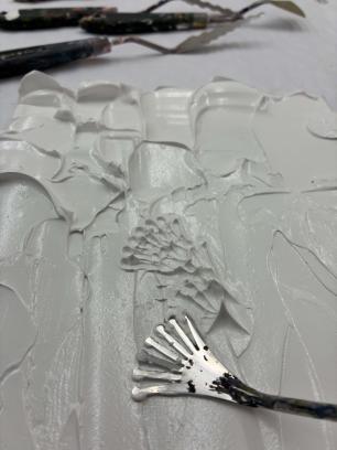 structuur schilderijtjes met pasta en klei