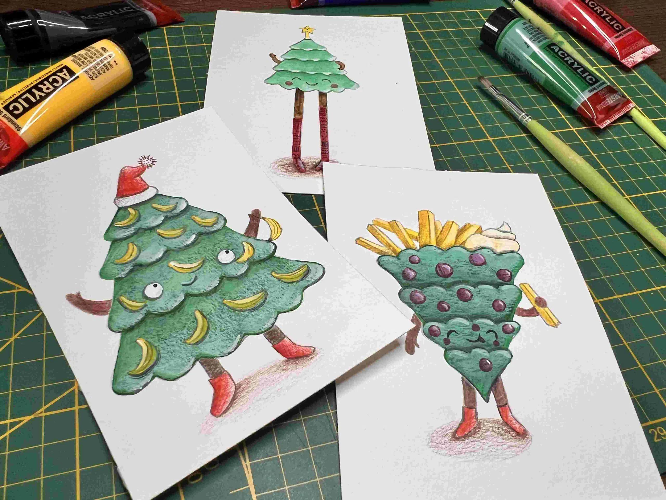 Workshop ‘gekke kerstbomen’ kerstkaartjes illustreren - Foto