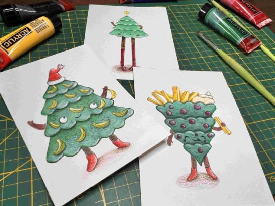 Workshop ‘gekke kerstbomen’ kerstkaartjes illustreren