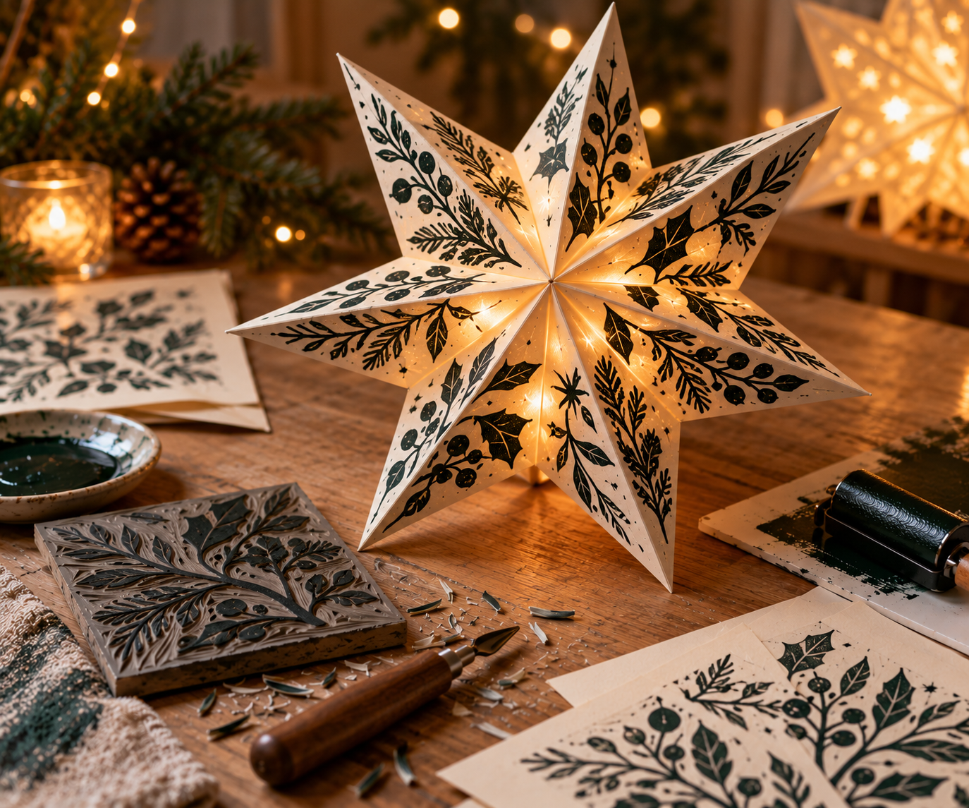 Dagworkshop: Linocut voor beginners: kerststerren in verschillende formaten of uniek kerstcadeau voor een bijzonder iemand.
