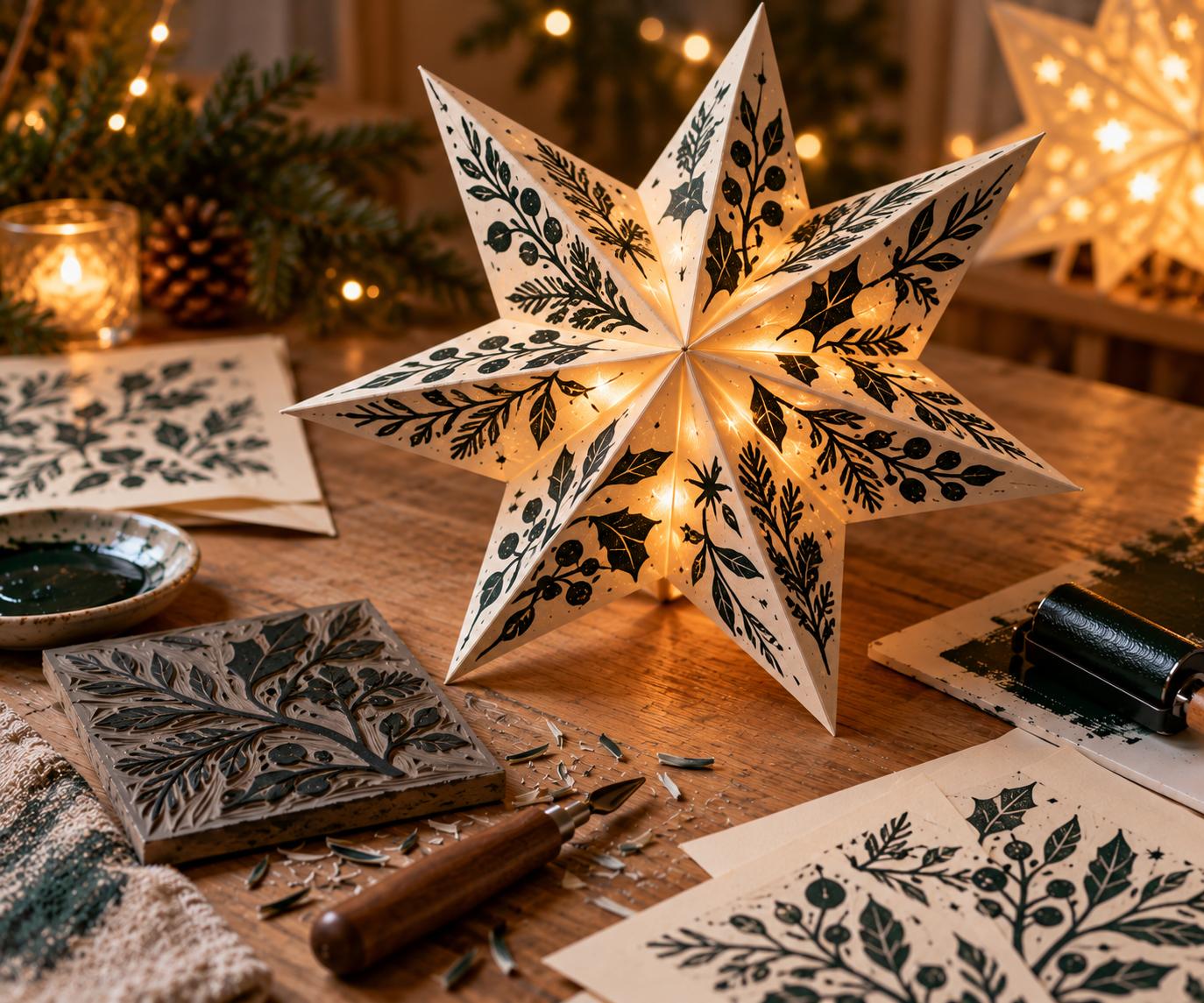 Dagworkshop: Linocut voor beginners: kerststerren in verschillende formaten of uniek kerstcadeau voor een bijzonder iemand. - Foto