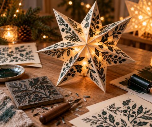 Dagworkshop: Linocut voor beginners: kerststerren in verschillende formaten of uniek kerstcadeau voor een bijzonder iemand.