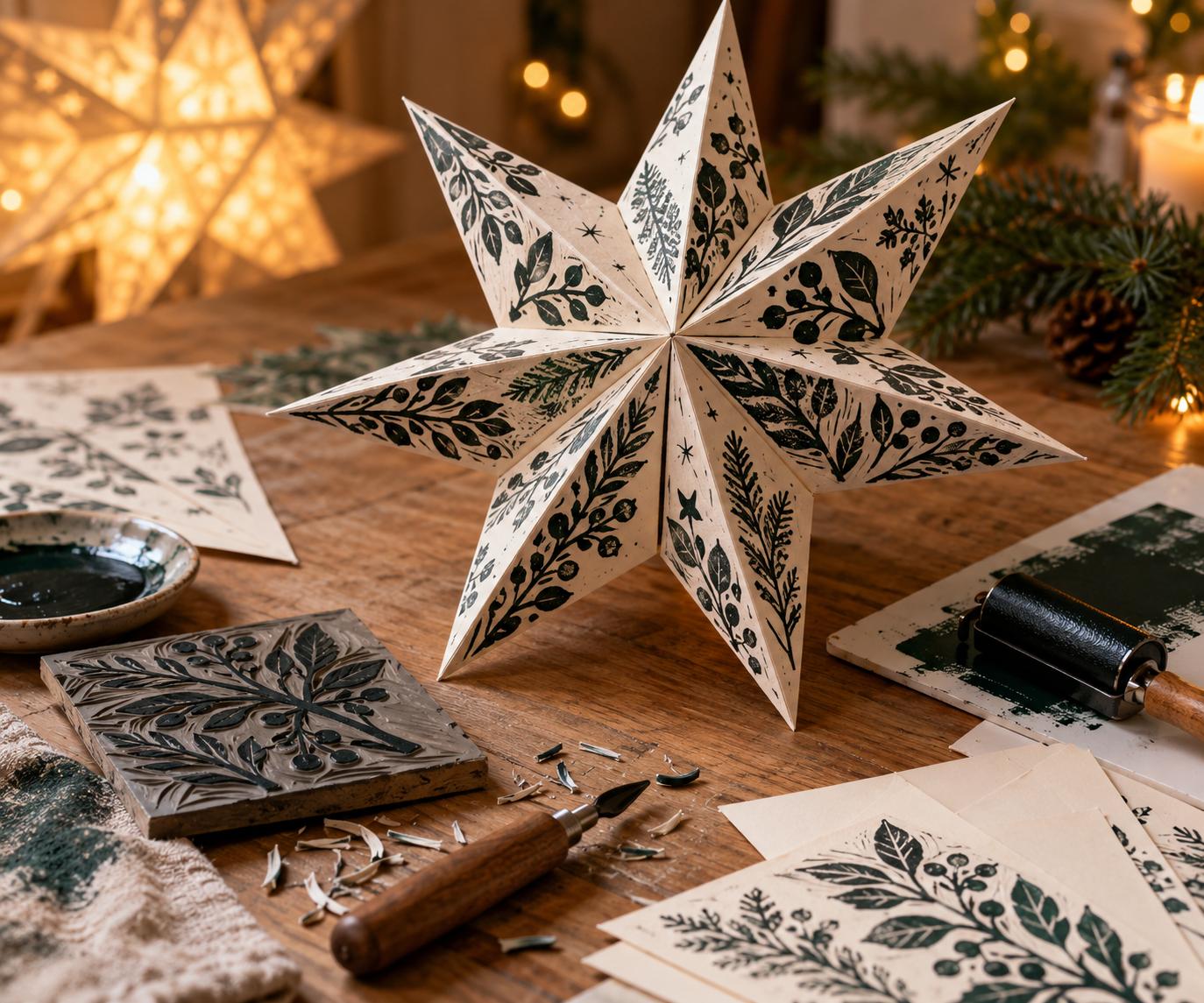 Dagworkshop: Linocut voor beginners: kerststerren in verschillende formaten of uniek kerstcadeau voor een bijzonder iemand. - Foto