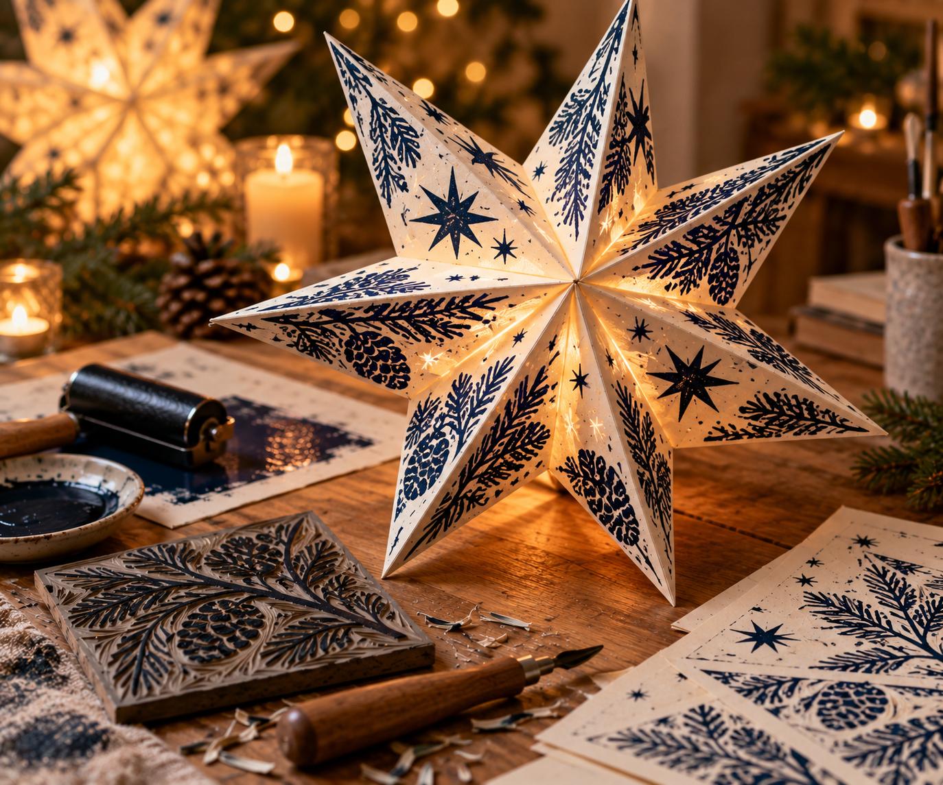 Dagworkshop: Linocut voor beginners: kerststerren in verschillende formaten of uniek kerstcadeau voor een bijzonder iemand. - Foto