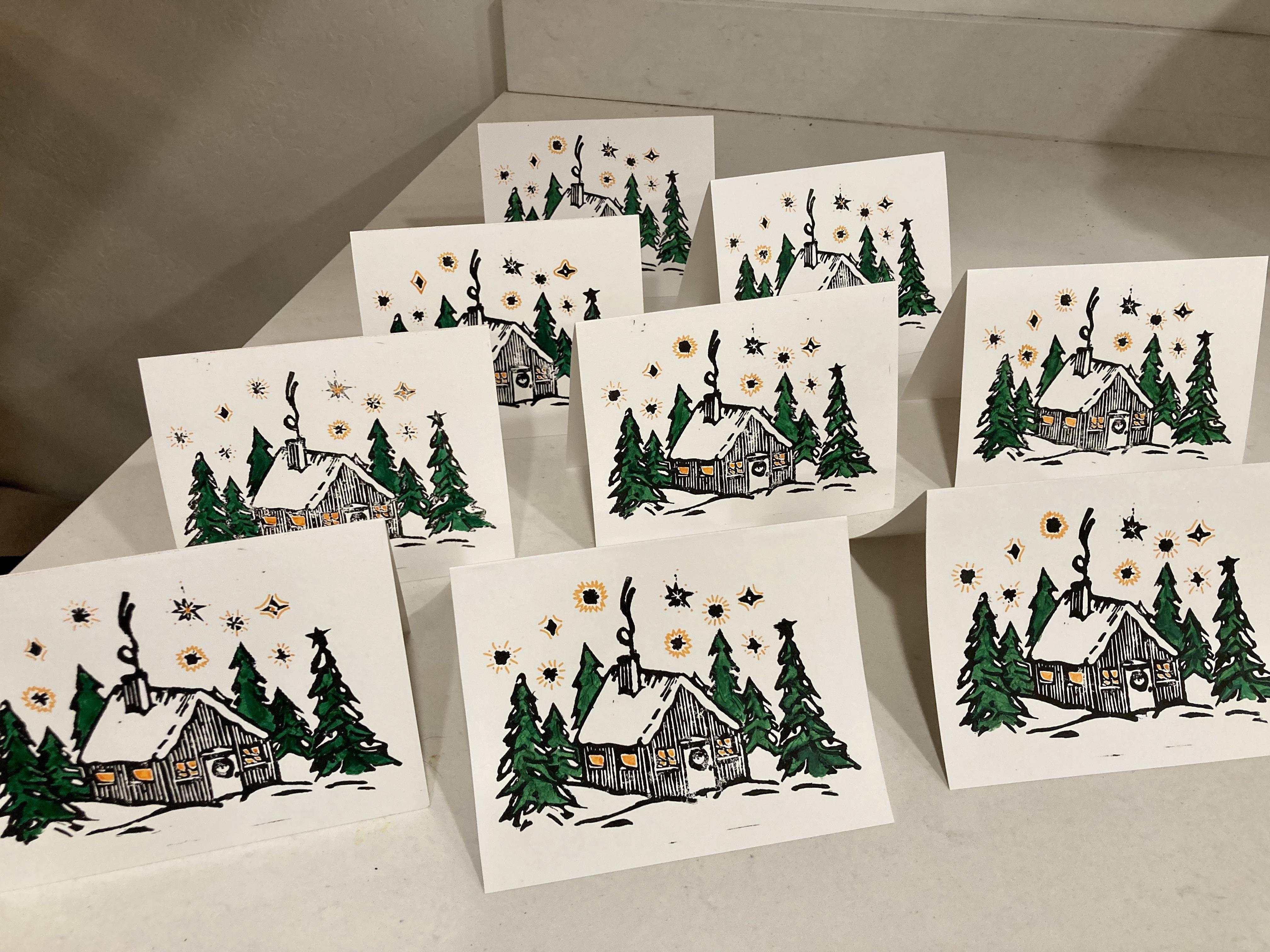 Linocut voor beginners: Theelichthouders in papier voor de feesttafel of kerst/nieuwjaarskaartjes - Foto